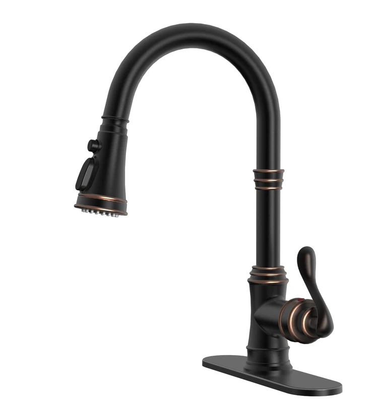 BWE Kitchen Faucet with Pull Out Sprayer 3 Spray Modes Oil Rubbed Bronze Single Handle High Arc Kitchen Sink Faucet with Deck Plate Lead-Free Commercial Bar Farmhouse Pull Down Sprayer