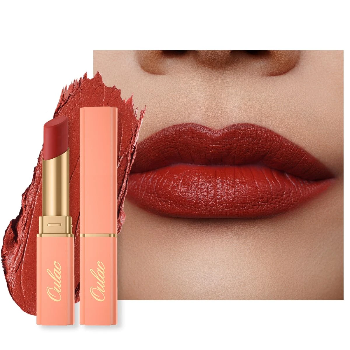 Oulac Soft Matte Lipstick for Women - Red Apricot Lipstick & Blush Duo, Cream to Powder Texture, Color Rich, Lightweight & Smooth, Enriched with Rose Oil, Vegan & Clean Beauty| 3.6g (Y05)
