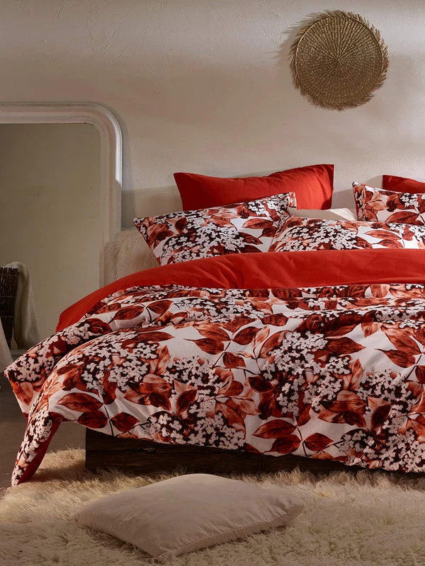 De Witte Lietaer Mimulus Bedding Set: Duvet Cover and Pillowcases, Cotton, White - Red, 200 x 220 cm