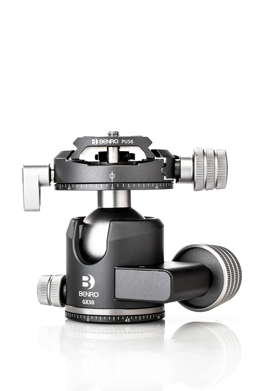 Benro GX30 Low Profile Ballhead with PU56 Plate, 30kg/66lb Capacity, Dual Panning, Aluminium, Arca-Swiss Compatible, Ultralight, Safe Locking Controls