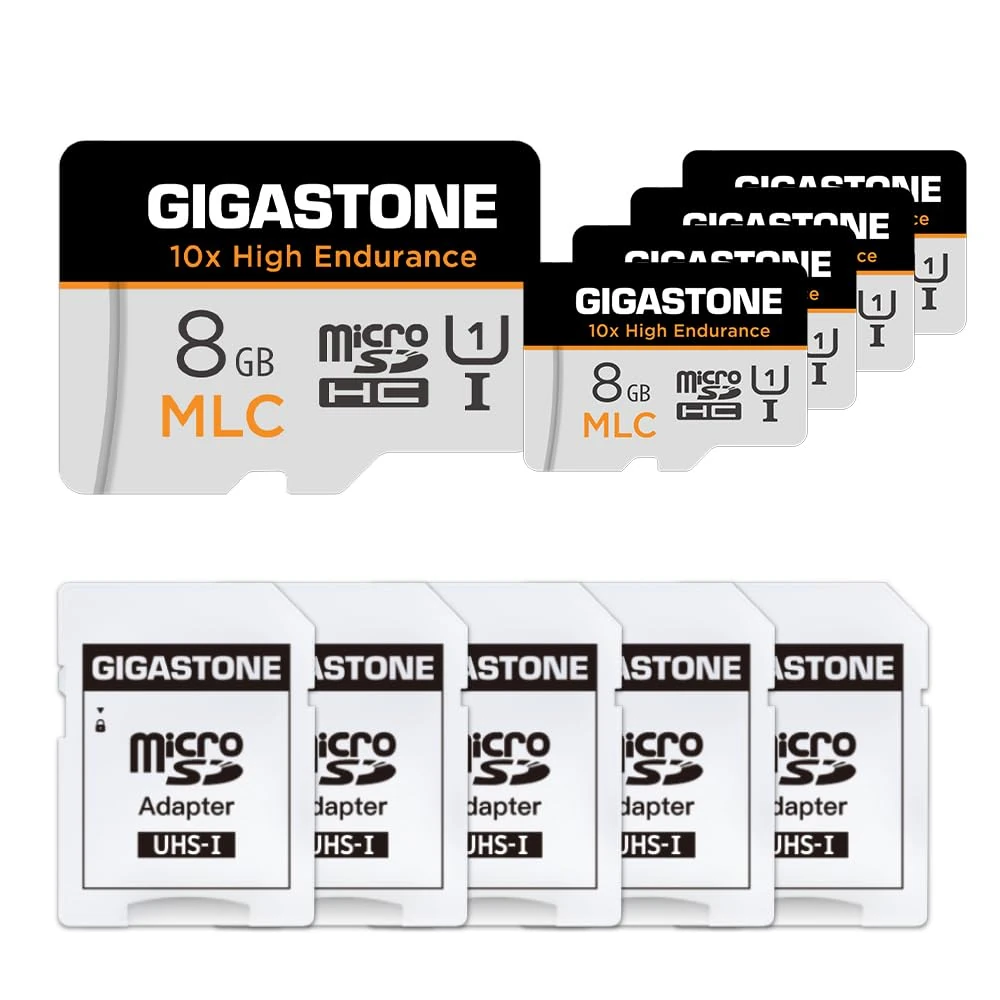 [10x High Endurance] GIGASTONE Industrial 8GB 5-Pack MLC Micro SD Card, Full HD Video Recording, Security Cam, Dash Cam, Surveillance Compatible 85MB/s, U1 C10, with Adapter [5-Yrs Free Data Recovery]