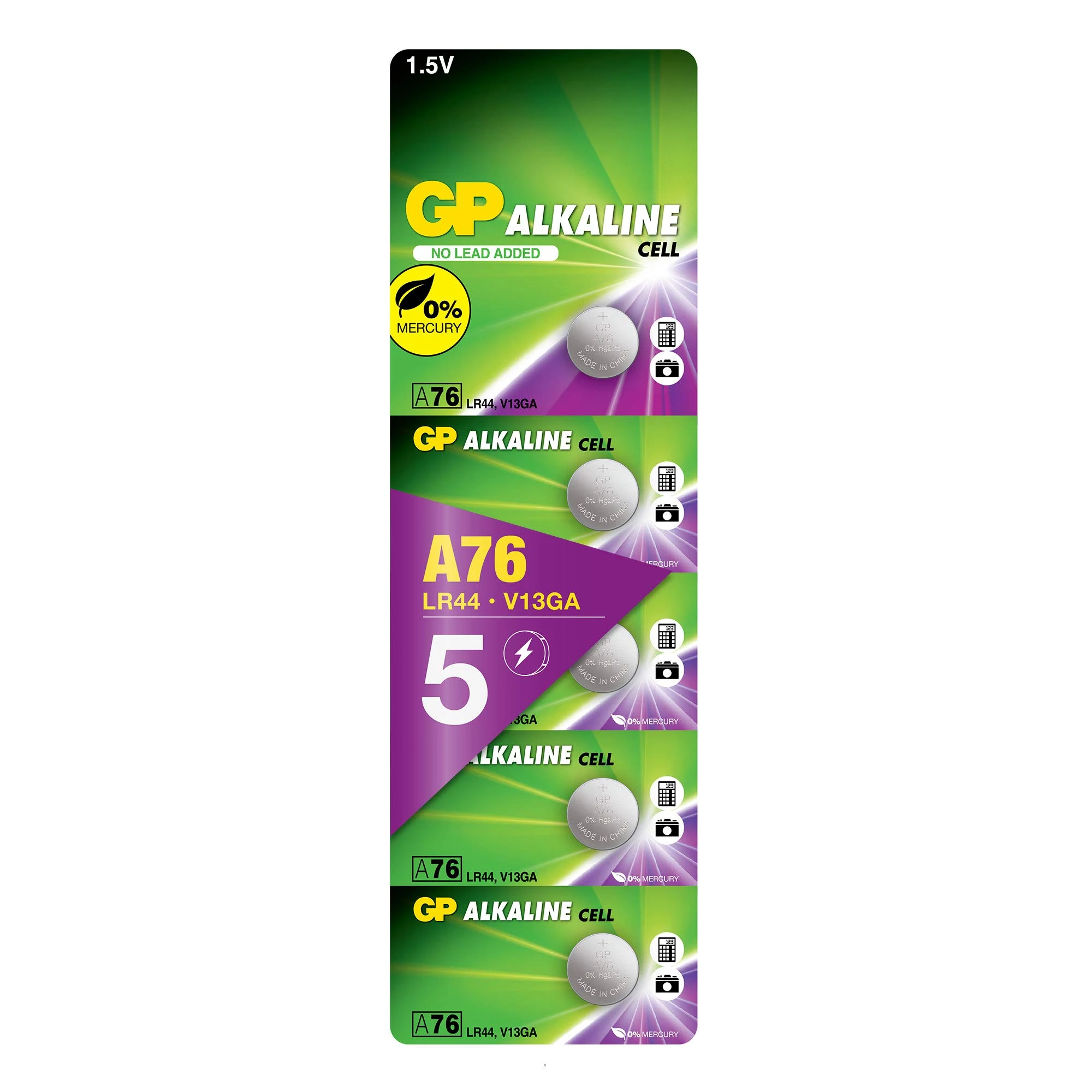 GP LR44 Button Cell Batteries, AG13, A76, 1.5V Alkaline Batteries for Watches, Toys, Calculators, Thermometers, Remotes & More, 5 Pack Leak proof Button Coin Cell with Long Lasting Power