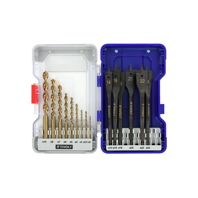 TIVOLY - Drills + Wood Bit Set - for Hardwood Drilling - 15 Piece Kit : 9 HSS SpeedPoint Wood Drills Ø 5/64" to 25/64" + 6 Flat Wood Bits Ø 9/16" to 15/15"