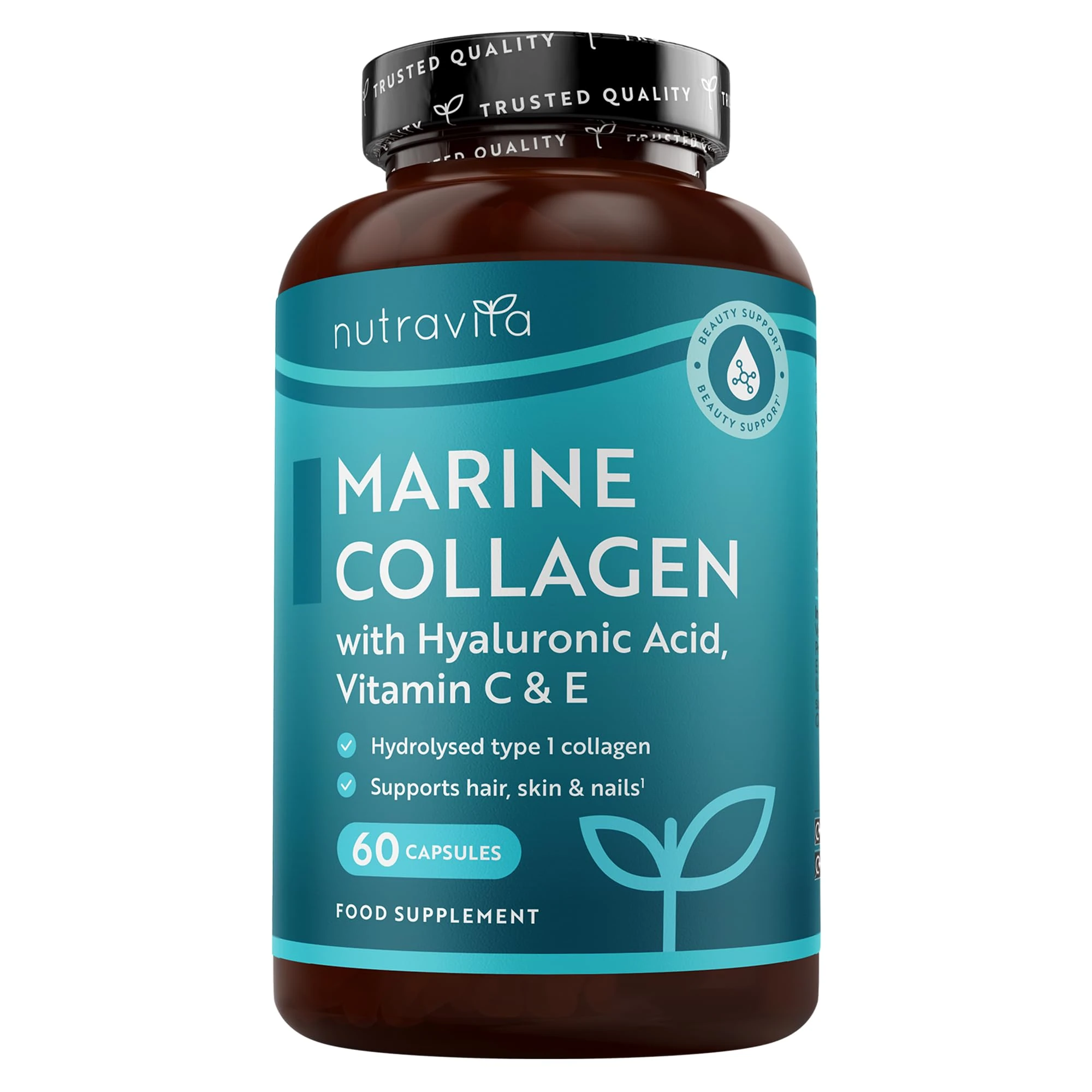 Nutravita Marine Collagen 1000mg - 60 Capsules of Superior Type 1 Hydrolysed Collagen - Enhanced with Hyaluronic Acid, Vitamin C, Vitamin E, Vitamin B2, Zinc, Copper and Iodine - Made in The UK
