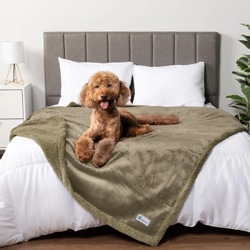 PetAmi Waterproof Dog Blanket for Bed, XL Dog Pet Blanket Couch Cover Protector, Sherpa Fleece, Leakproof Blanket for Crate, Kennel, Sofa, Furniture, Queen Bed, Protection, Reversible, Soft, 90 x 90