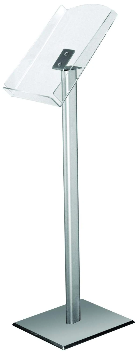 Europel freestanding brochure holder, A4 format, aluminium profile and steel base, 1 brochure tray made of 4 mm transparent acrylic, tray height 112 cm, capacity 80 mm, base 245 x 320 mm.