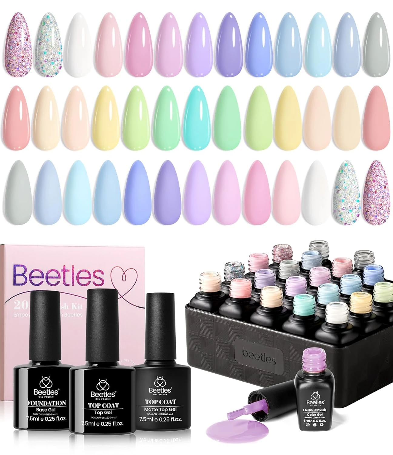 Beetles Gel Nail Polish - 20 Pcs Pastel Paradise Soak Off, Nude Gray Pink Blue Glitter Gel Polish Starter Kit with Glossy Matte Top Base Gel Coat Manicure Kit