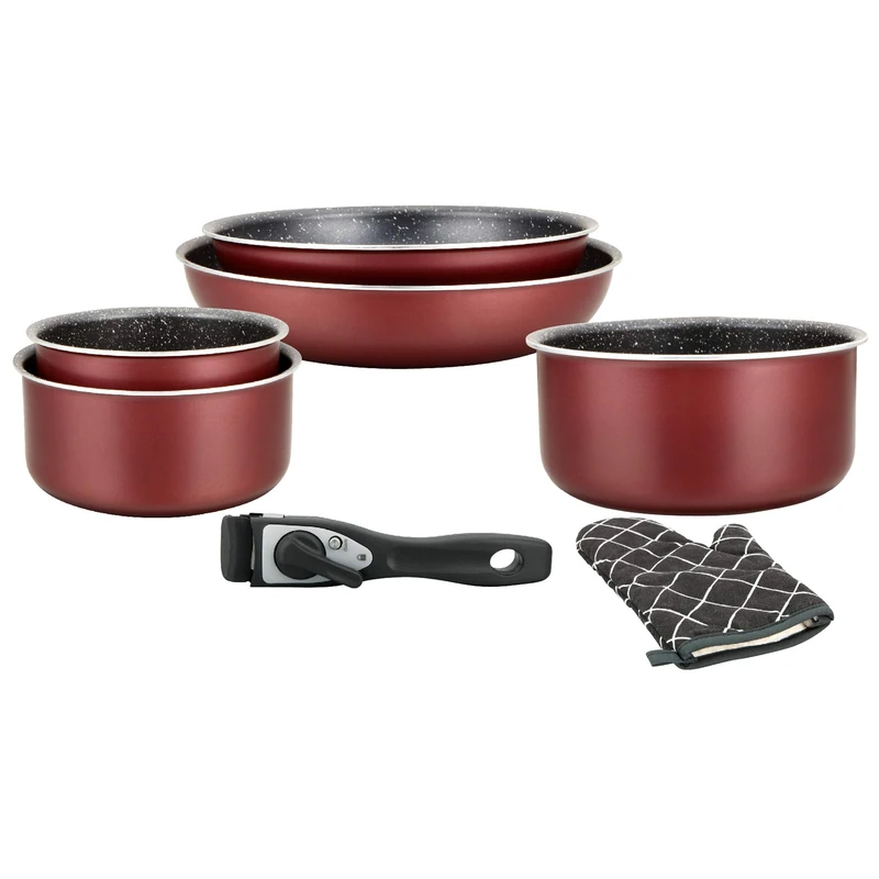 Herzberg HG8053 BR Cookware Set, Set of 3 Induction Saucepans and 2 Frying Pans for All Heat Sources of Different Sizes and 1 Oven Mitt, Non-Stick Marble Coating, Removable Handles, Red