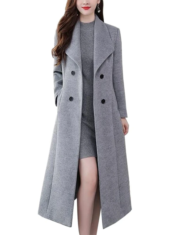 IDEALSANXUN Womens Vintage Double Breasted Long Wool Jacket Pea Coat, Grey, M