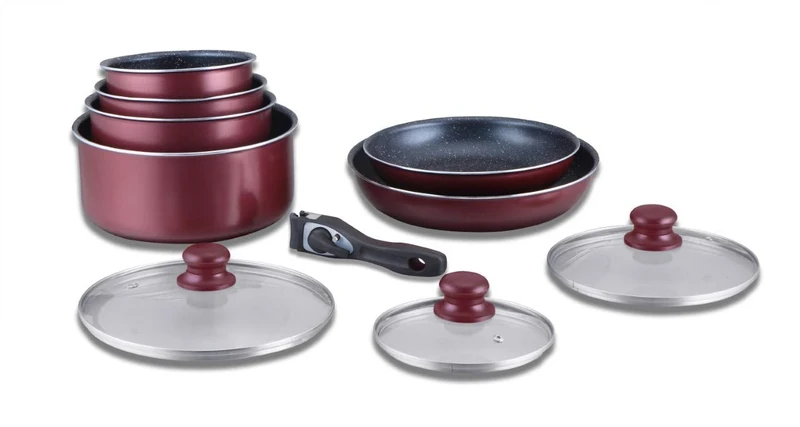 Herzberg Cookware - Induction Pot and Pan Set - Pot and Pan Set for All Hobs - Cooking Set with Stone Coating and Removable Handle 10 Pieces HG-5000 Bordeaux, Bordeaux, Bordeaux