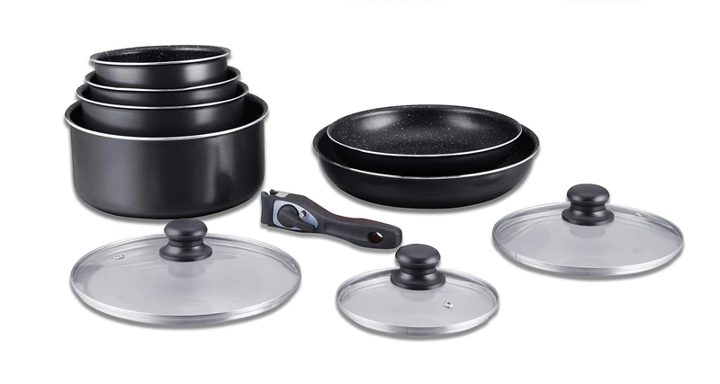 Herzberg Cookware Set - Induction Pot Set - All Heat Pot and Pan Set - Stone Coating Cookware Set with Removable Handle 10 Pieces HG-5000 Black