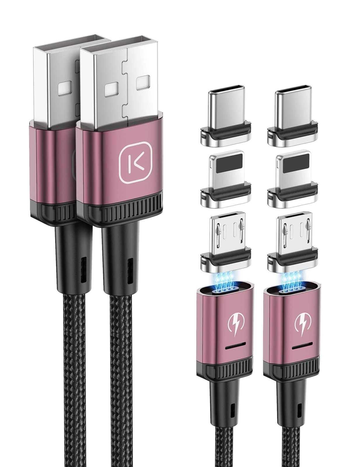 Kuulaa 3-in-1 Magnetic Charging Cable, 3A Fast Charge Phone Charger Cables Nylon Braided with Led Light Magnetic USB Charging Cord for Micro USB, Type C Devices & iProducts (2 Pack 1M + 2M, Red)