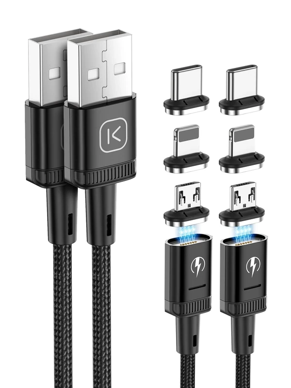 Kuulaa 3-in-1 Magnetic Charging Cable 2 Pack (1M + 2M) Nylon Braided USB C Data Cable for iPhone/Samsung/Micro USB Devices, Black
