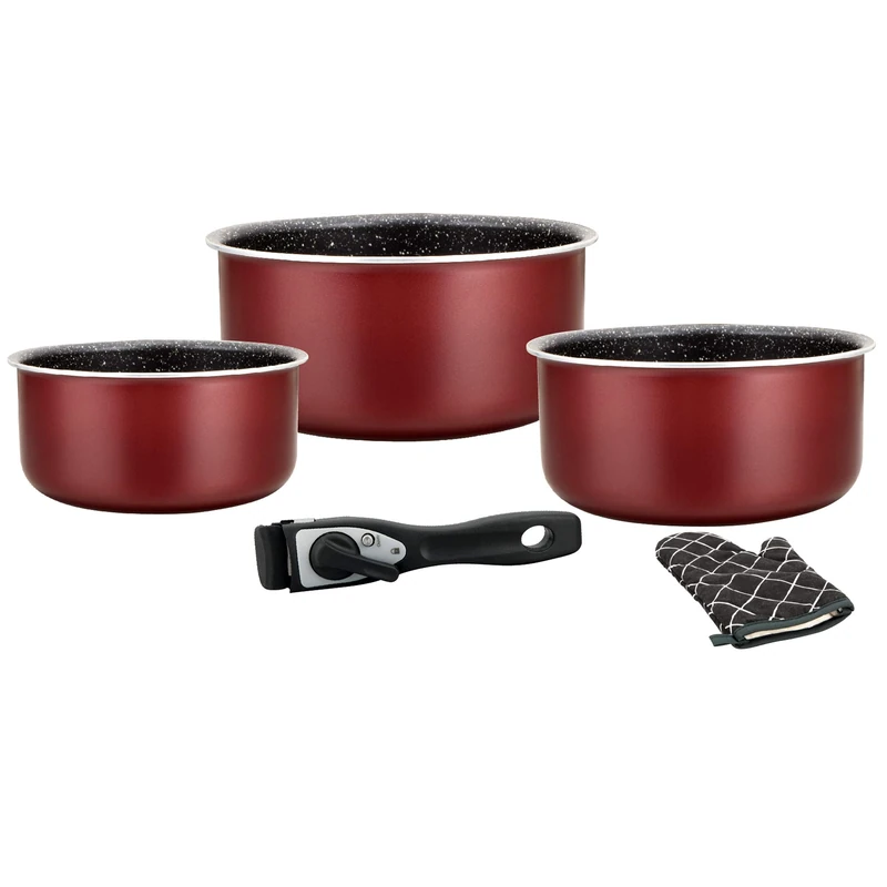 Cookware – Induction Saucepan Set – Saucepan and Frying Pan Set for All Heat Sources – 5 Piece"Special Cooking" Set with Marble Coated Saucepans and Removable Handle – Burgundy - Image 1