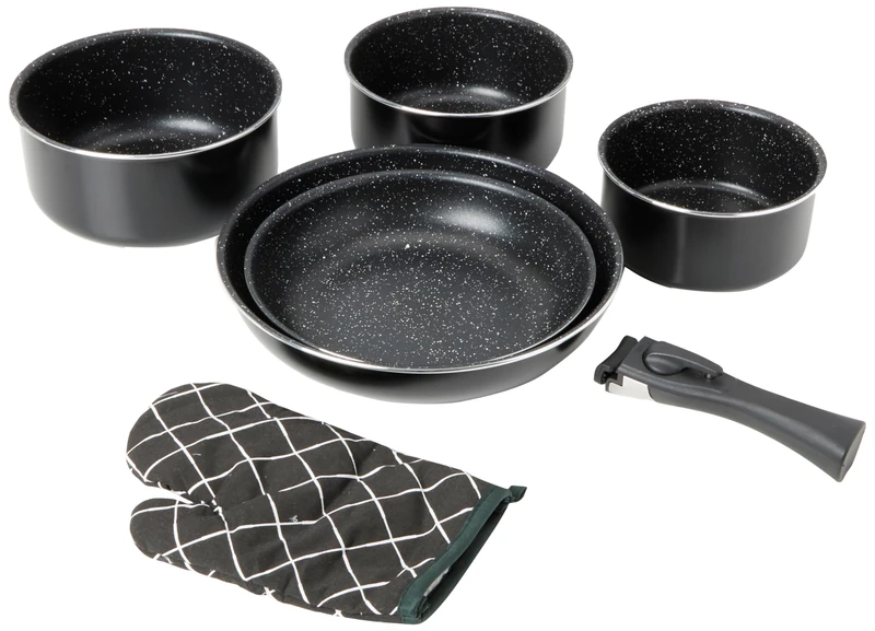 Herzberg HG8053 BLK Cookware Set, Set of 3 Induction Saucepans and 2 Frying Pans for All Heat Sources of Different Sizes and 1 Oven Mitt, Non-Stick Marble Coating, Removable Handles, Black