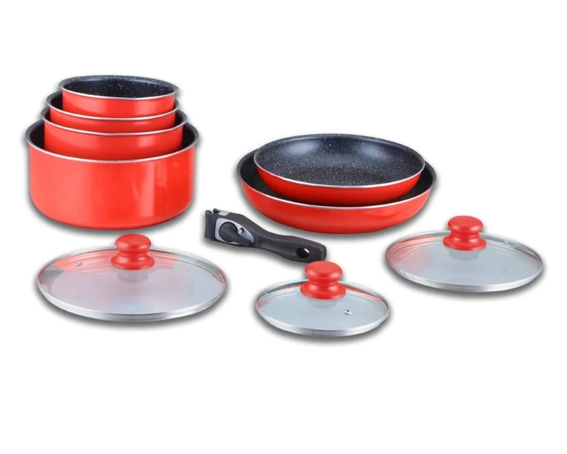 Cookware Set - Induction Set - Pot and Pan for All Hobs - Stone Coated Cooking Set with Removable Handle, HG-5000, Red