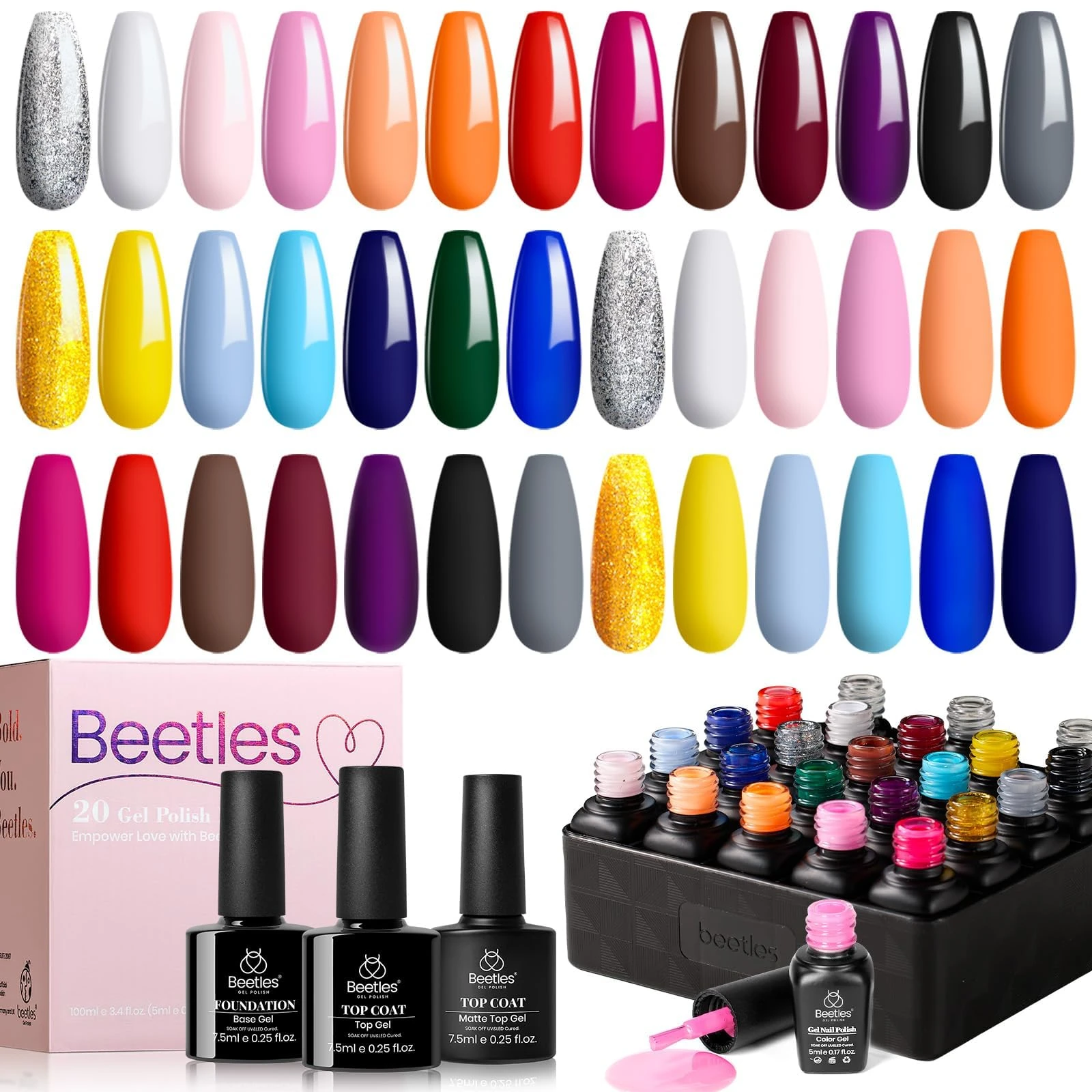Beetles 23 Pcs Gel Nail Polish Set- Red Orange Yellow Blue Dark Green Gel Nail Kit Soak Off UV LED Nail Lamp Black White Sliver Gold Glitter Gel Polish Top Coat Base Gel Nail Art Salon Manicure Kit