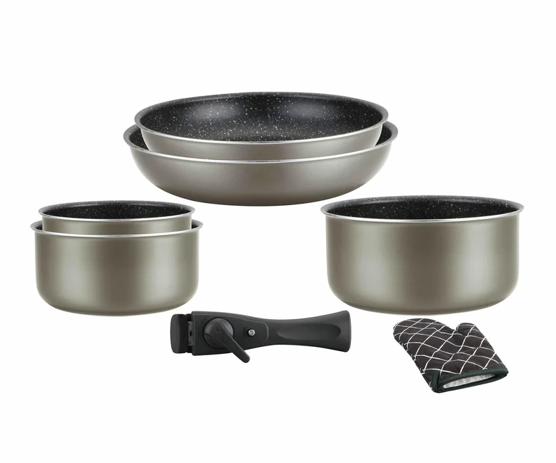 Herzberg HG8053 BLK Cookware Set of 3 Induction Pots and 2 All Cooker Pans in Various Sizes and 1 Oven Glove, Marble Non-Stick Coating, Removable Handles, Copper