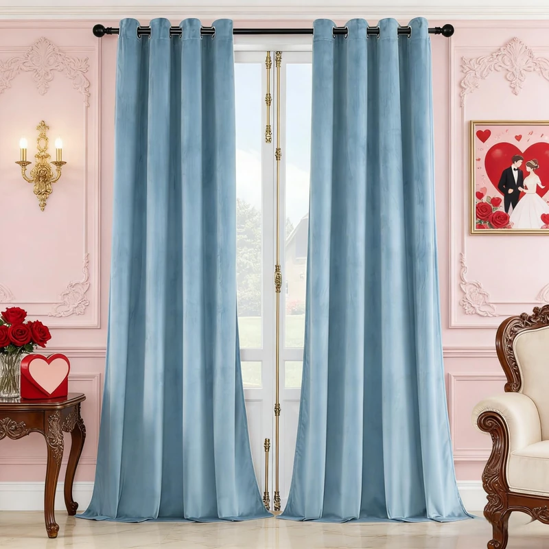 SNITIE Sky Blue 108in Long Velvet Curtains with Grommet, Super Soft Noise Reducing Thick Light Filtering Velvet Drapes for Living Room and Bedroom, Set of 2 Panels, 52 x 108Inch Long