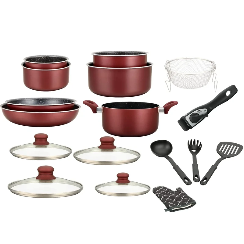 Herzberg - Saucepan set - 17-piece induction pot and pan set - Forged aluminium with marble coating - Removable handle - Non-Stick - All heat sources - Glove included - Burgundy