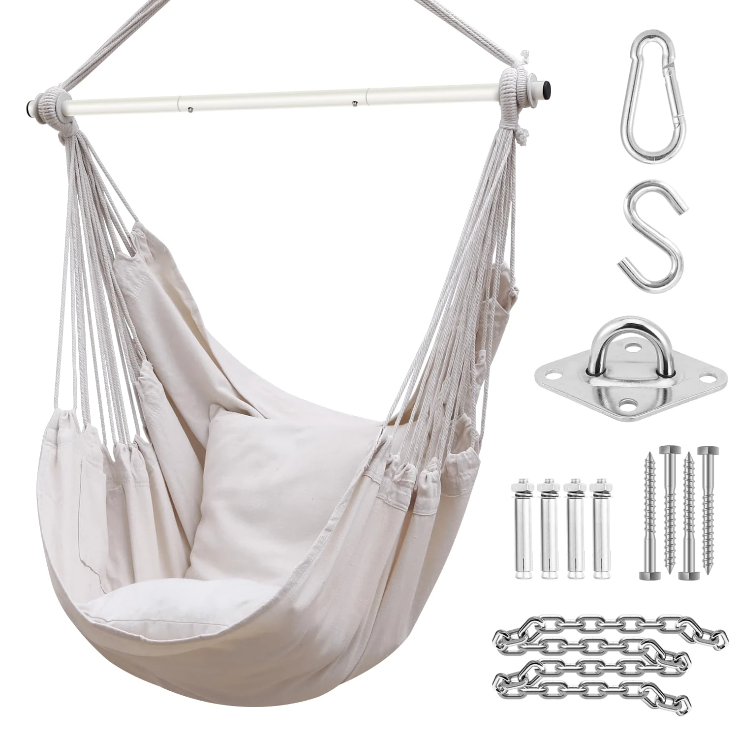 Swing Chair with Hardware Kit: Ohuhu XL Portable Hanging Chairs with 2 Cushions Detachable Metal Support Bar Side Pocket for Indoor Outdoor, Hammock Chair for Patio Bedrooms Teen Girls Room Decor