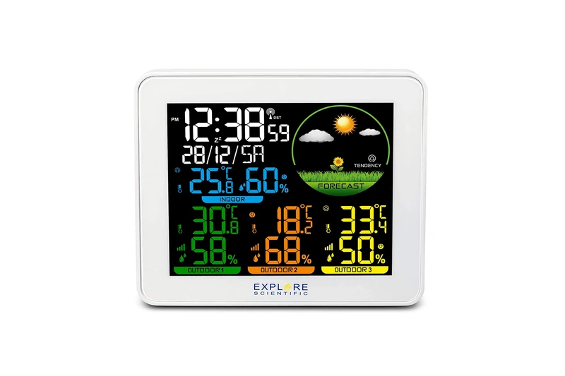 Explore Scientific WSH4005C Radio-Controlled Weather Station, Barometer with Weather Forecast, Int/Ext Temperature/Humidity, 3 Sensors Included, Stores Data History, White