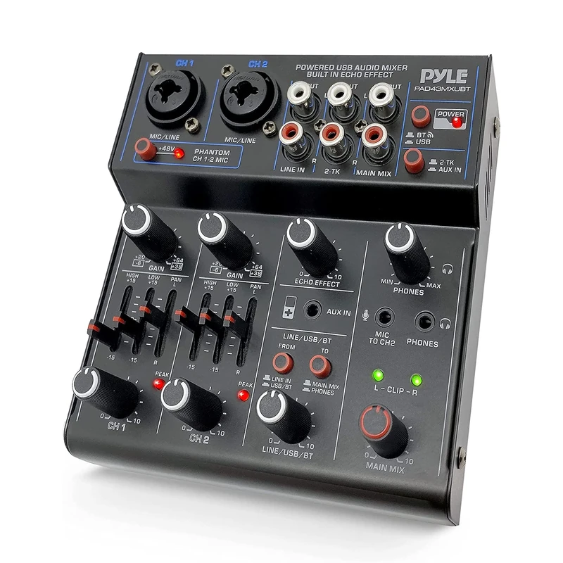 Pyle DJ Audio Mixer Bluetooth – 4 Channel USB Interface with XLR Combo Jack, AUX RCA & Echo FX, Professional Sound Mixing Console for Recording, Streaming, Karaoke, PC & Live Performance