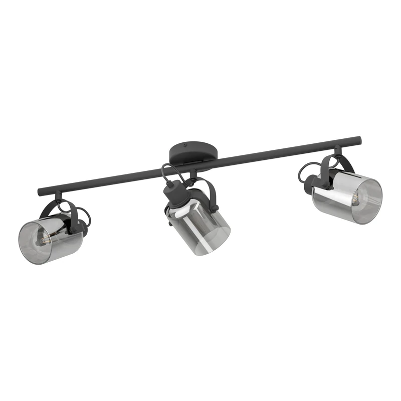 Eglo Ceiling lamp Berregas, 3-Light spot bar, Spotlight with Glass lampshades, Metal Light in Black and Smoked Glass, E27 Socket