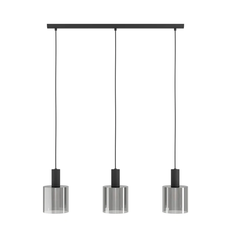 Eglo Gorosiba Pendant lamp, Dining Table Light with Smoked Glass, 3-Light Ceiling lamp Hanging, Black Coated Glass and Metal, E27 Socket, 85 cm Length