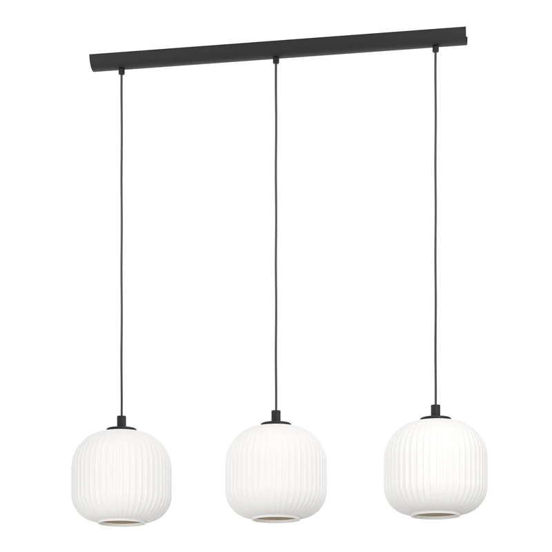 Eglo Pendant Lighting Mantunalle, Ceiling Light Fitting with 3 Shades, Hanging lamp for Dining Room Made of Black Metal and White Glass, E27 Socket, 47.2“