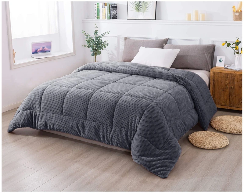 KASENTEX Luxury Sherpa Plush Comforter - Ultra Soft Cozy Reversible Fleece - Goose Down Alternative Filling - Machine Washable Bedding, Excalibour Grey, Twin/Twin XL
