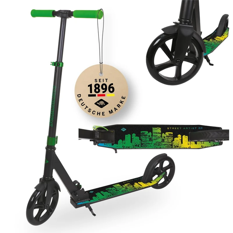 Schildkröt City Scooter Street Artist 2.0, 200mm, Leisure Scooter, Aluminum, Foldable, for Children and Adults, Improved Quality, Color: Green/Black, 510103