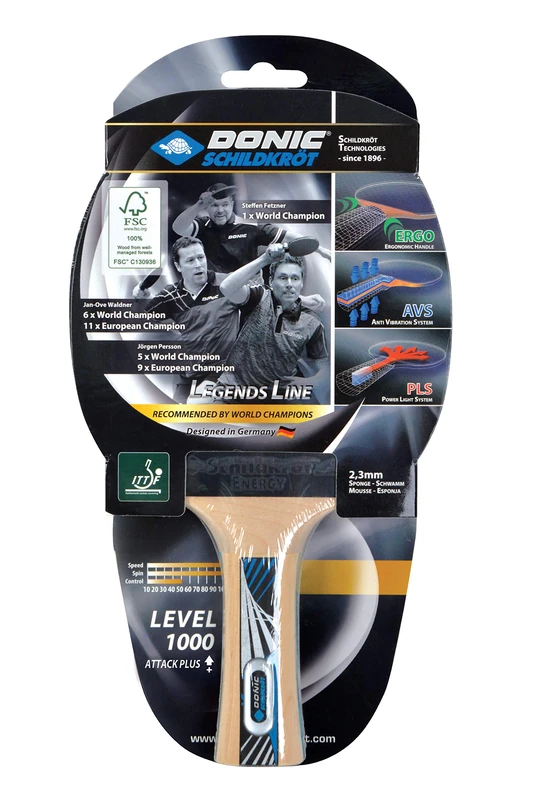 Donic-Schildkröt Legends 1000 FSC Table Tennis Bat, AVS, PLS & Ergo-Grip, 2.3 mm Sponge, FSC Wood, Energy - ITTF Rubber, 754427