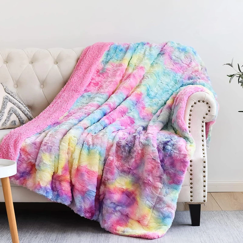 NEWCOSPLAY Super Soft Faux Fur Throw Blanket Premium Sherpa Backing Warm and Cozy Throw Decorative for Bedroom Sofa Floor (Dark Rainbow, Twin(60"x80"))