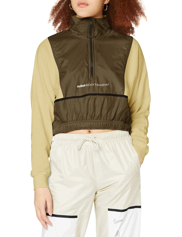 Nike W NSW Qz Archive RMX Women's Long Sleeve T-Shirt, Womens, Long Sleeve tees, CU6382, Tea Tree Mist/Olive Flak/White, S