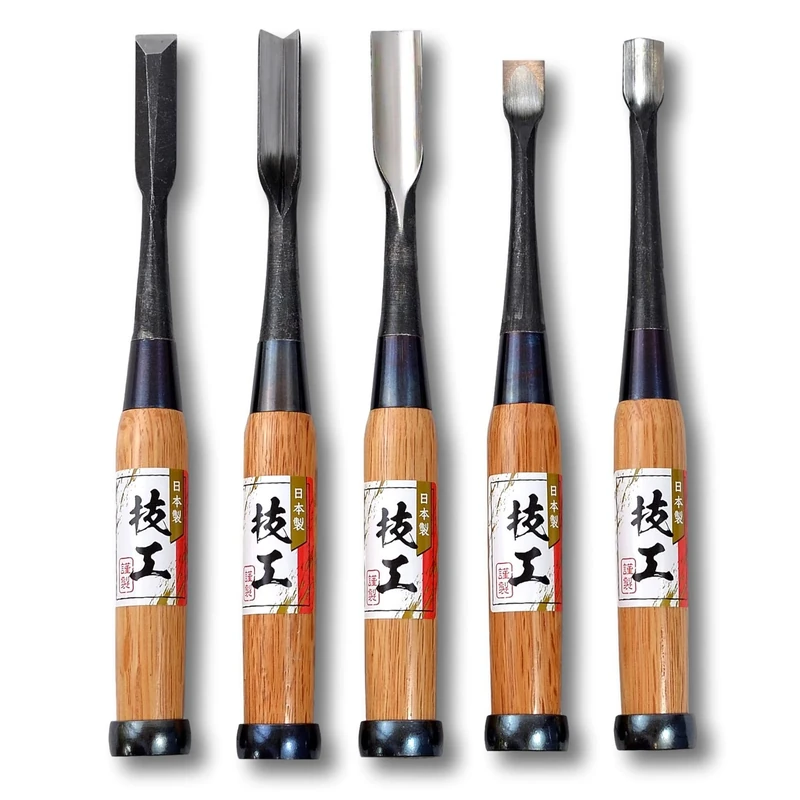 KAKURI Gouge Chisel Set 5 Pieces Japanese Curved and Bent Nomi, Professional Heavy Duty Wood Carving Tool, Made in Japan