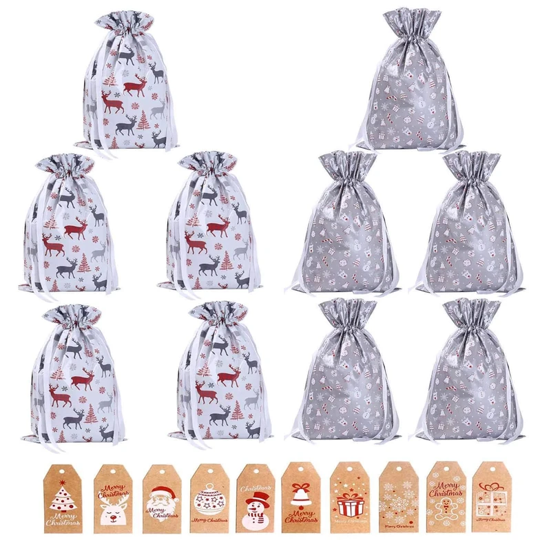 Christmas Wrapping Drawstring Gift Bags,10PCS Xmas Wrapping Bags Medium (16.5inX11.4in),Christmas Foil Drawstring Presents Bags