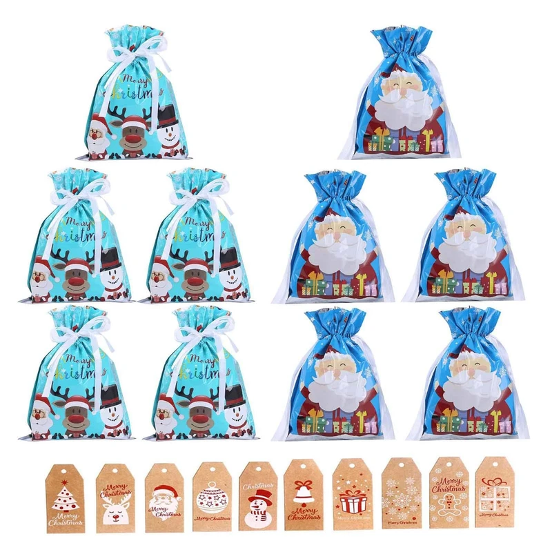 Christmas Wrapping Drawstring Gift Bags,10PCS Xmas Wrapping Bags Small (12.6inX9.4in),Christmas Foil Drawstring Presents Bags