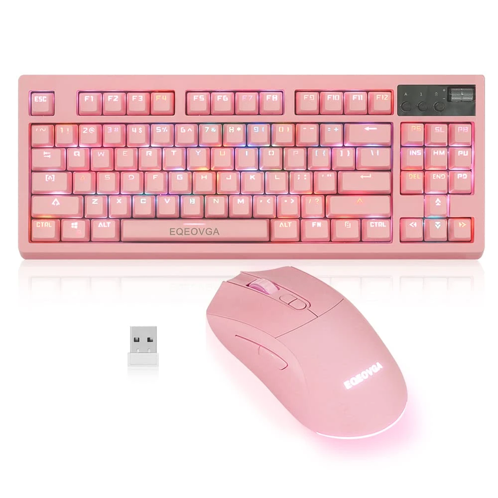 ZJFKSDYX C87 Wireless Gaming Keyboard and Mouse Combo, LED Backlit Rechargeable Mechanical Feeling Keyboard and Ergonomic Mouse for PC, Gaming Console(Pink)