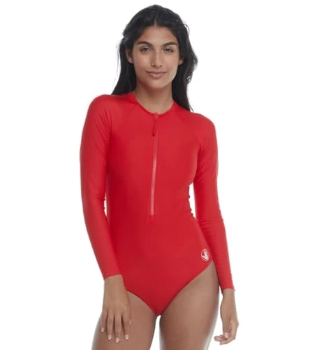 Body Glove Women's Long Sleeve Zip Front Paddle Suit with UPF 50+ One Piece Swimsuit, True Red, X-Small