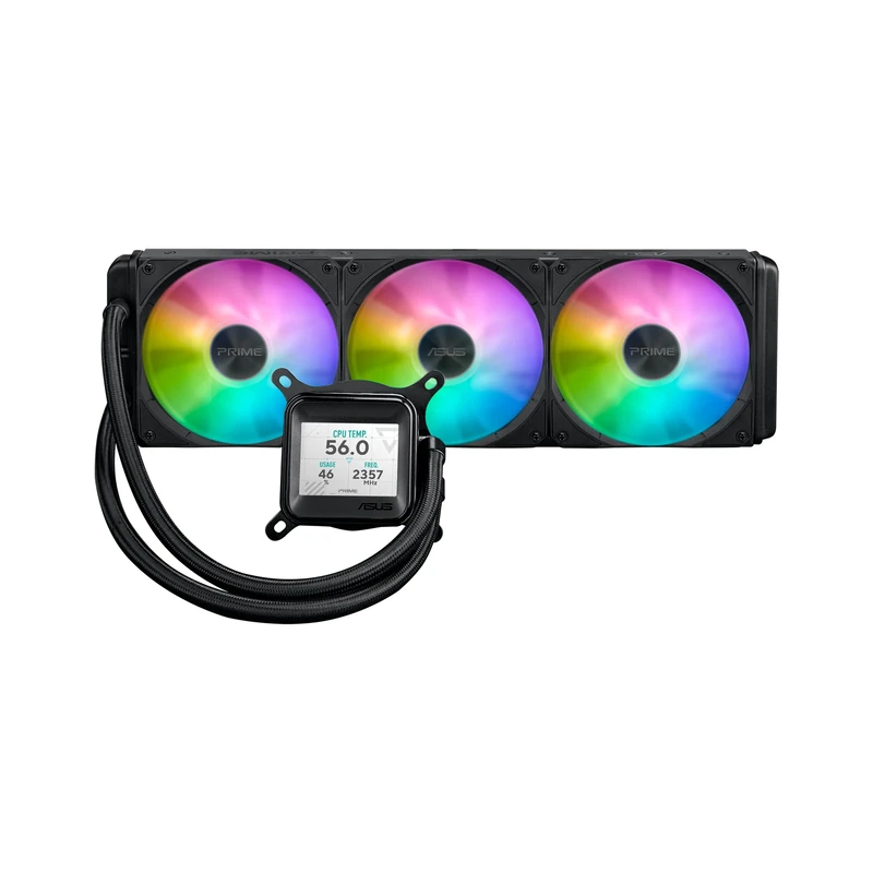 ASUS Prime LC ARGB LCD all-in-one CPU liquid cooler with sharp screen showcasing CPU & GPU information with different background, high-performance Asetek pump