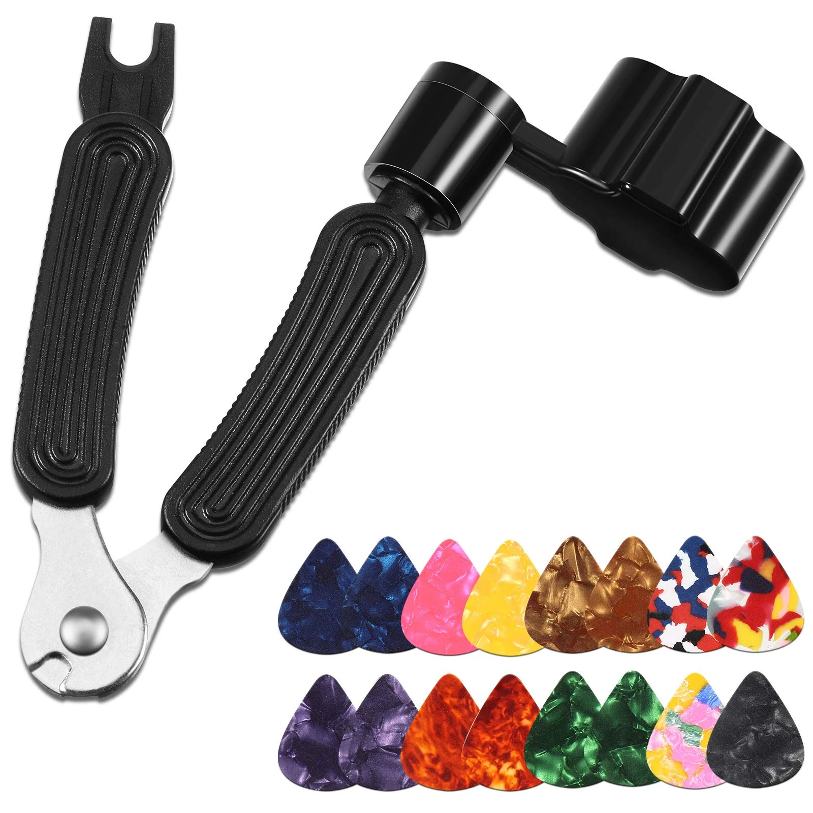 3 in 1 Guitar String Winder Cutter and Bridge Pin Puller, String Winder Acoustic Electric String Winder Tool,Guitar Repair Tool with 16 Pieces Picks