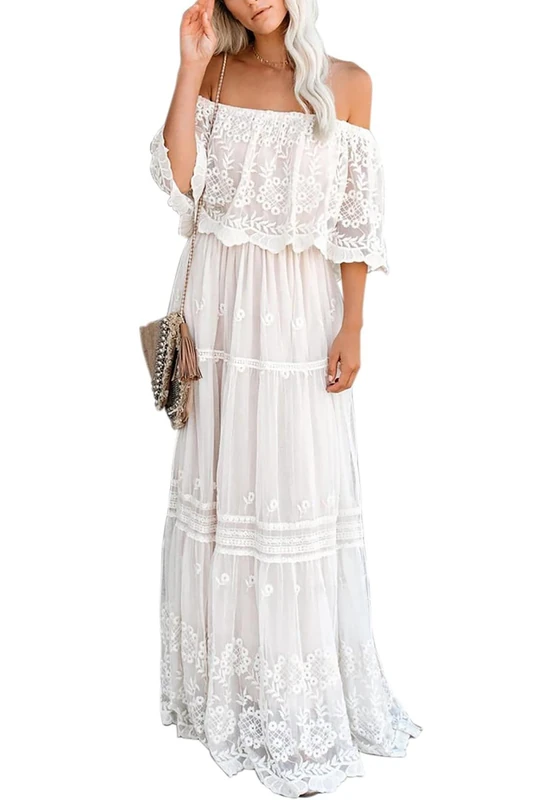 MERMAID'S CLOSET Womens Casual Off Shoulder Lace Maxi Dress White Wedding Bridesmaid Dress Lace Sleeve Beach Dresses, White01, Large