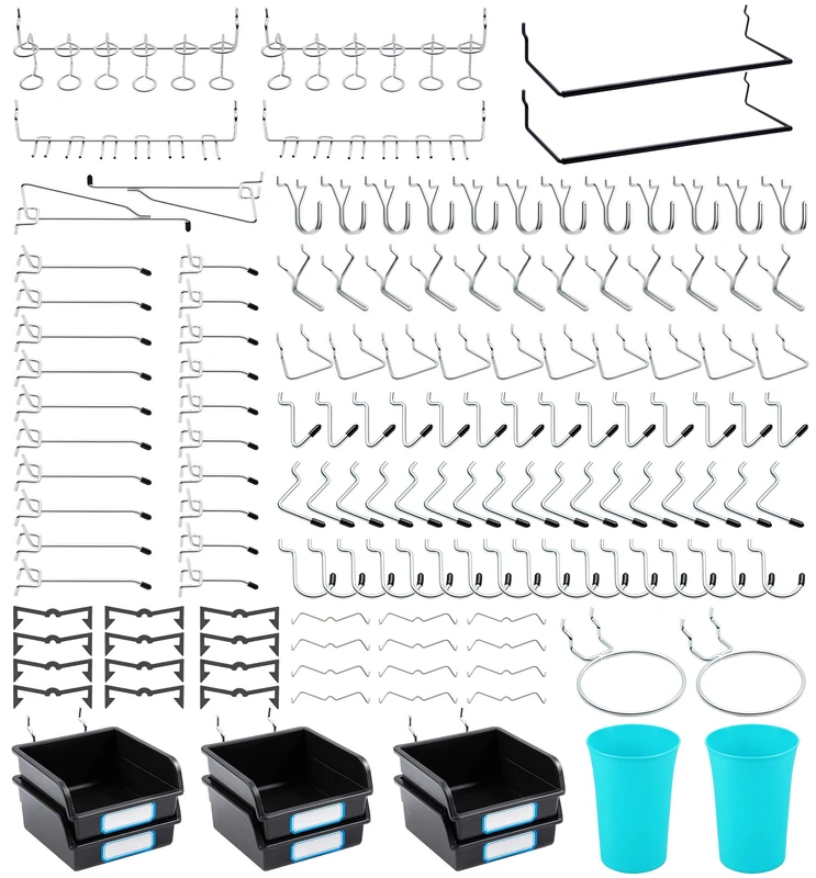 FRIMOONY Pegboard Hooks, with Bins, Peg Locks, for Organizing Various Tools, 204 PCS, 80 of Which are Locks