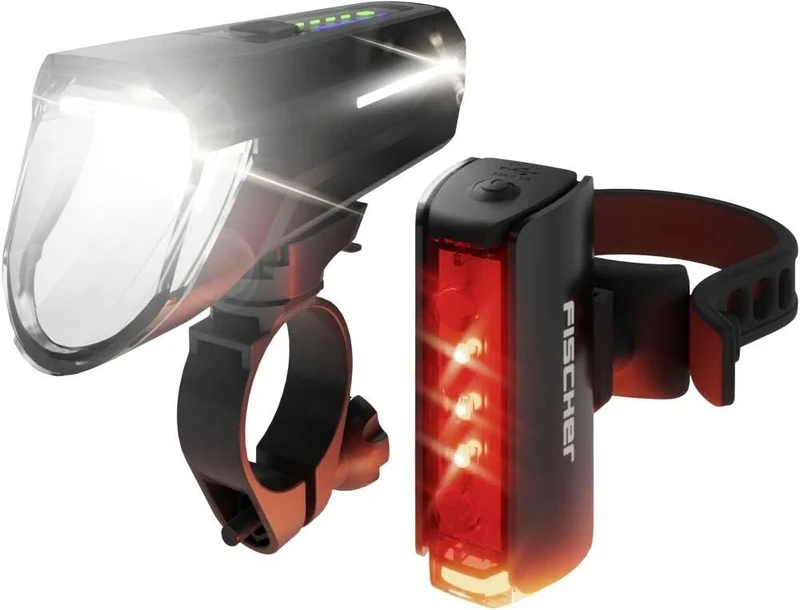 Fischer Twin Stop 110 Lux Bicycle LED Battery Lighting Kit with Sensor Mode, Headlight Range Adjustment, Up to 8 Hours Lighting Time, Black, Pack of 1 - Image 1