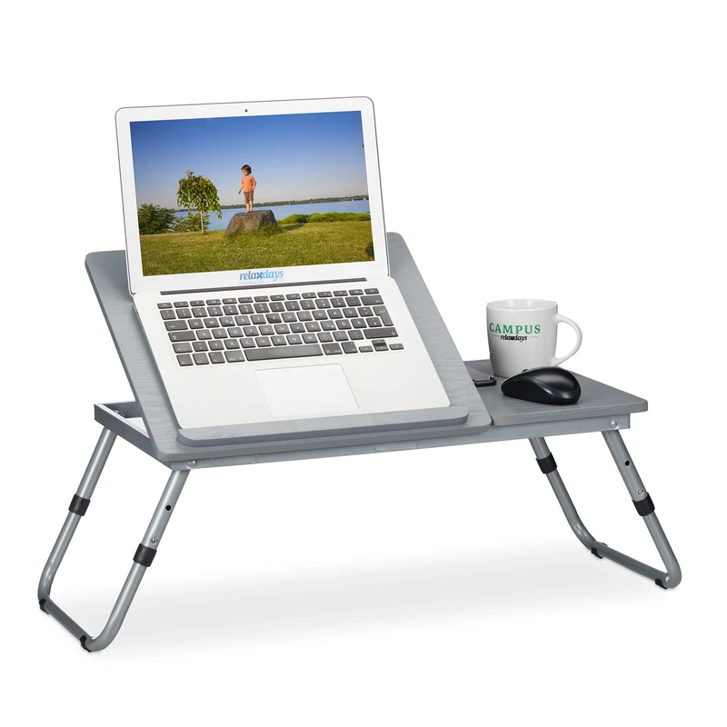 Relaxdays height-adjustable laptop tray, foldable, tilting top, bed desk, couch knee table, multipurpose, MDF, grey, Fibreboard, 1 item - Image 1