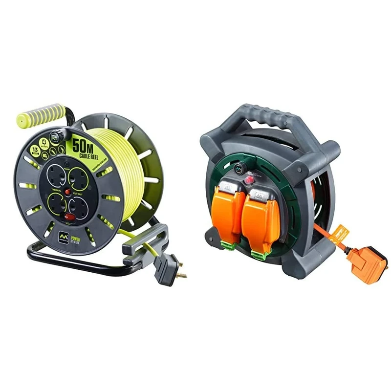 Masterplug Pro-XT Four Socket Open Cable Reel Extension Lead, Thermal Cut Out and Power Switch, 50 Metres High Visibility Cable & Two Socket Outdoor Weatherproof Case Reel, 20 Metres