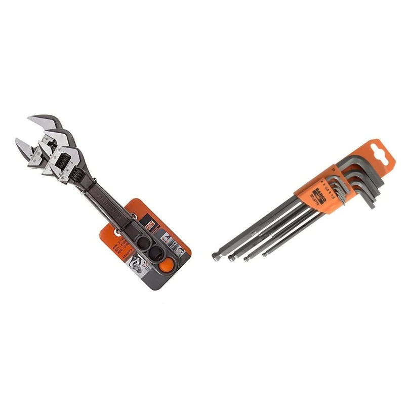 Bahco BHADJUST 3 ADJ3 Set of 3 Adjustable Wrenches (8070/8071 / 8072), Grey, 16 Degree Head Angle & 9770 BE-9770 1.5-10mm Hex Key Set