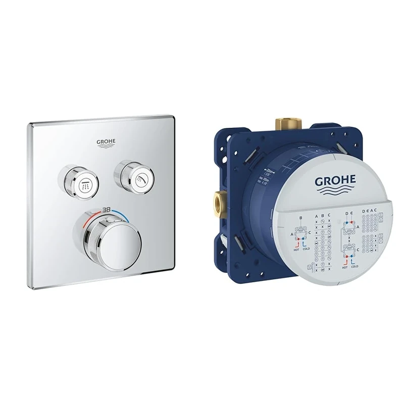 GROHE 29124000 | Grohtherm SmartControl Thermostat Concealed | Square | Chrome, 2 Valves & Grohe Rapido Smartbox - Shower Systems -,Blue,Universal Concealed Installation Unit - DN 15-35600000