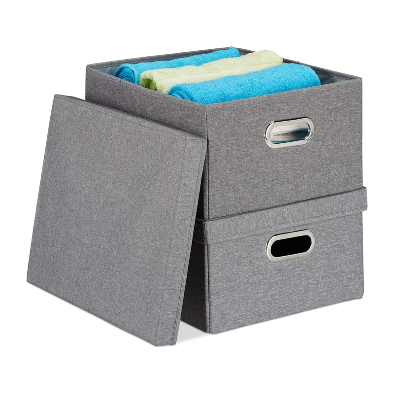 Relaxdays Storage Box Set of 2, Foldable Organisation Container with Lid, 25 l each, HxWxD: 20.5 x 34.5 x 42 cm, Grey